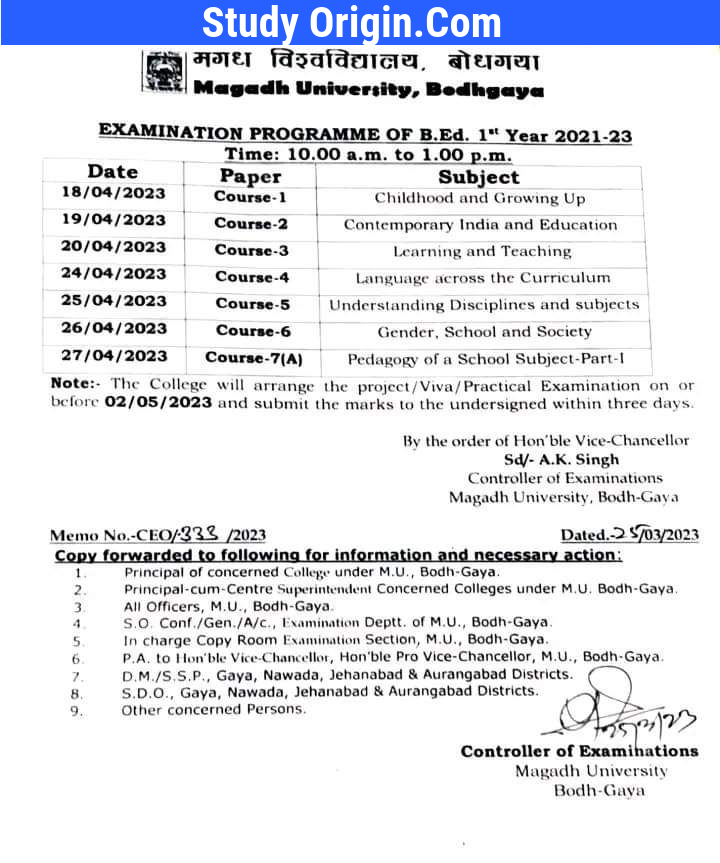 Magadh University BEd 1st Year Exam Schedule 2023