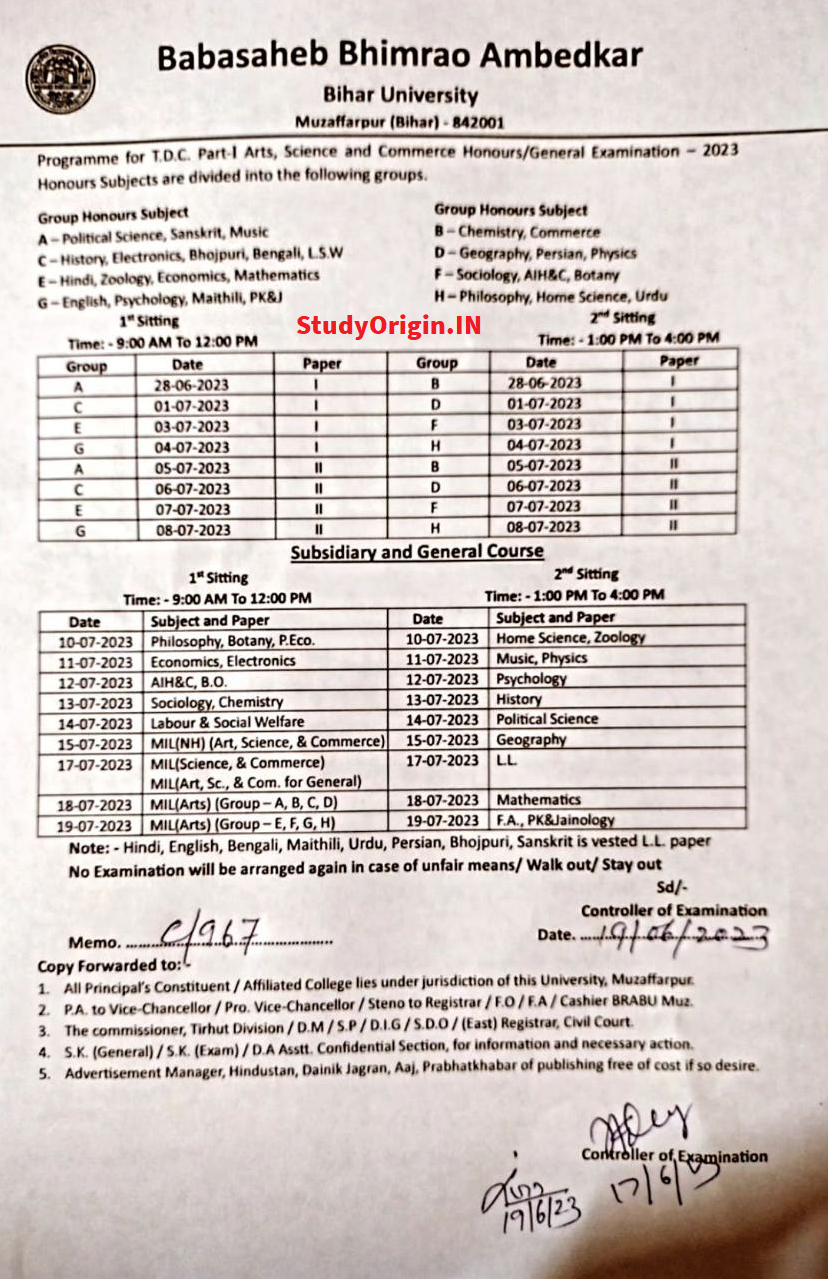 BRABU Part 1 Exam Date Sheet 2023 - Study Origin