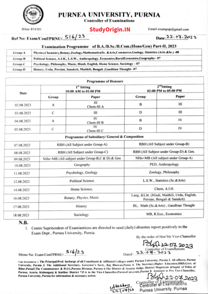 Purnea University Part 1 Exam Date Sheet 2023