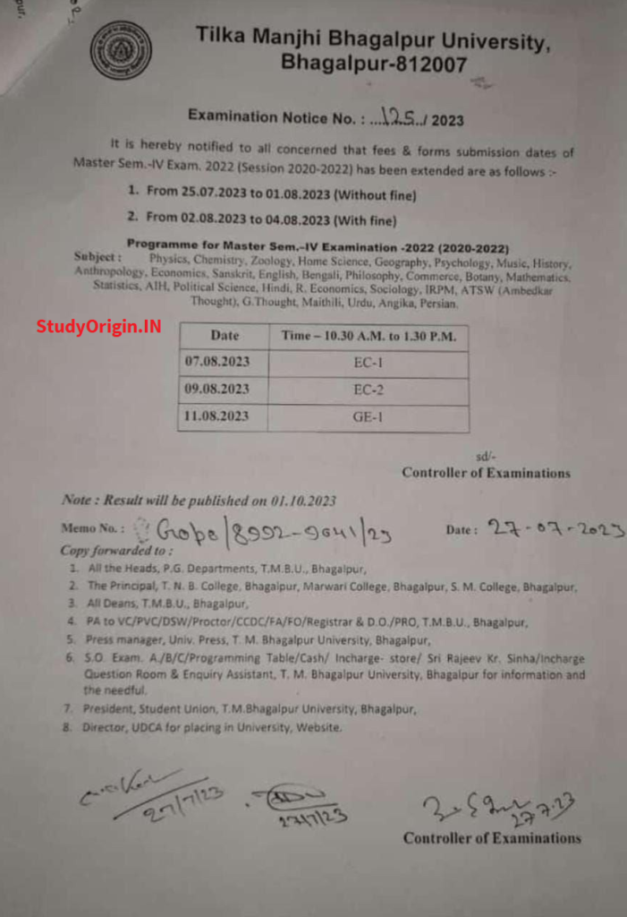 TMBU PG SEM-4 Revised Exam Notice 2022-24