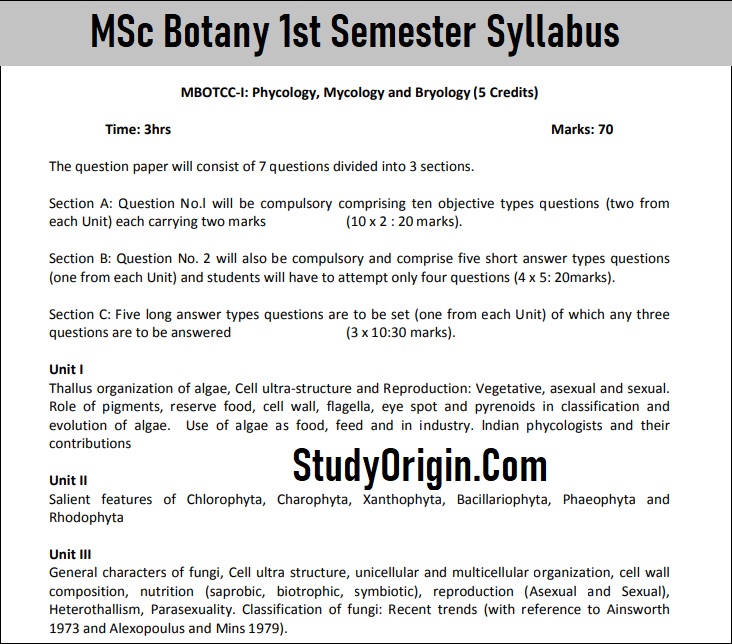 University MSc Botany 1st Semester Syllabus Download Link