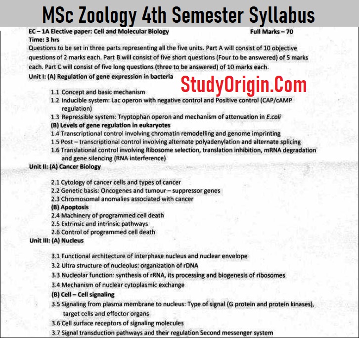 University MSc Zoology 4th Semester Syllabus Download Link
